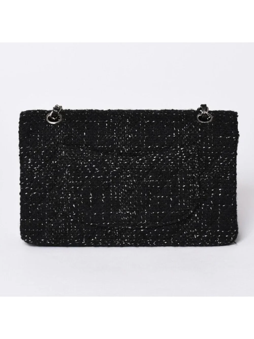Chanel Quilted 25 Double Flap Chain Shoulder Bag CC Logo Tweed Leather Black